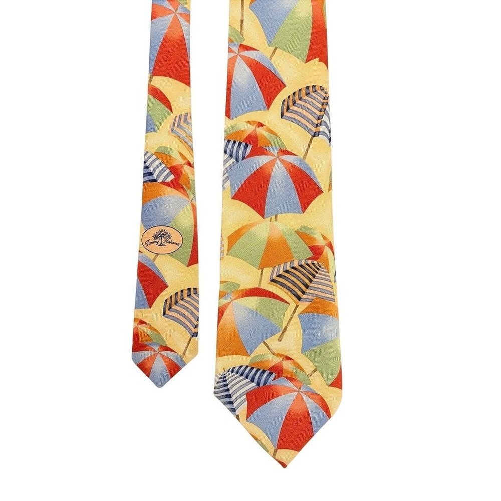 VTG Tommy Bahama Mens Silk Tie Yellow Beach Umbrella Tropical‎ Novelty Necktie